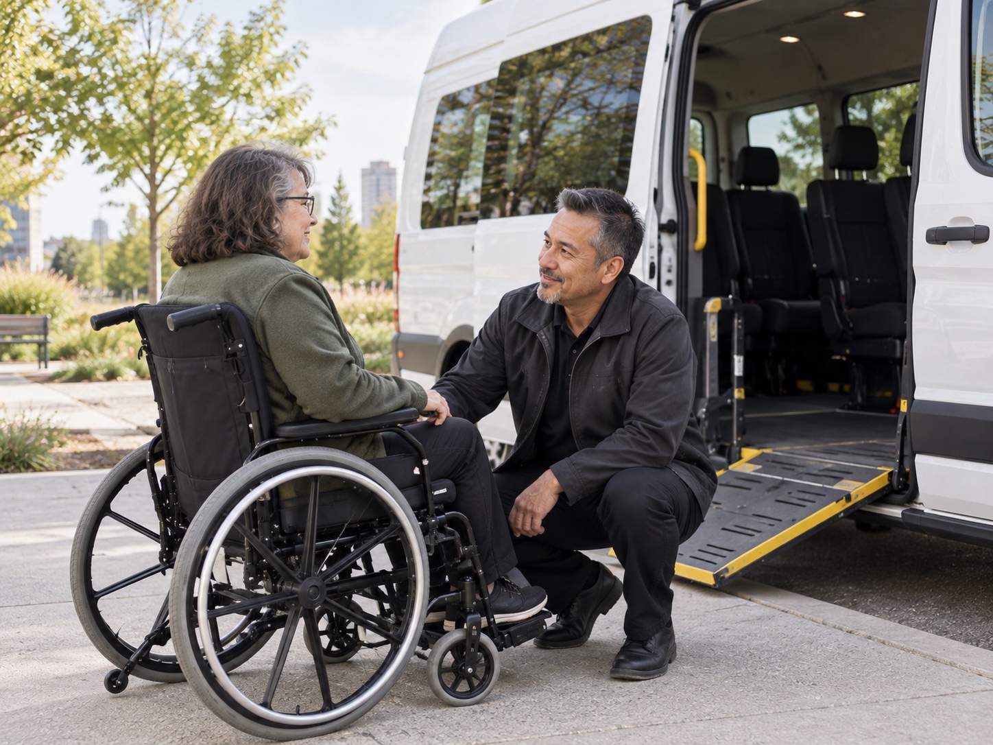 Illustration representing an accessible shuttle ride with a driver and wheelchair user